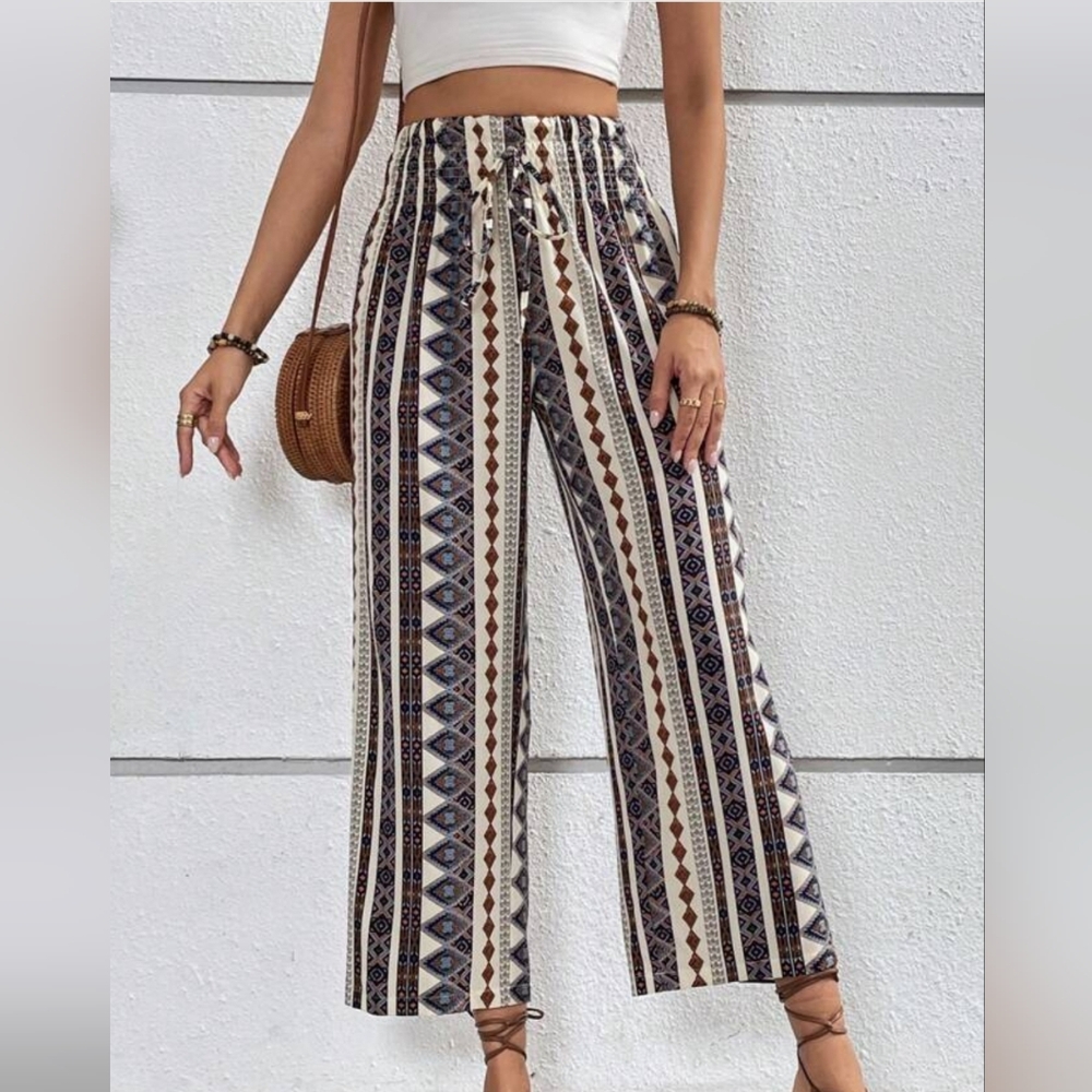 NWT Womens Wide Leg Pants High Elastic Waist Adjustable Knot Vaca Boho Geo Print